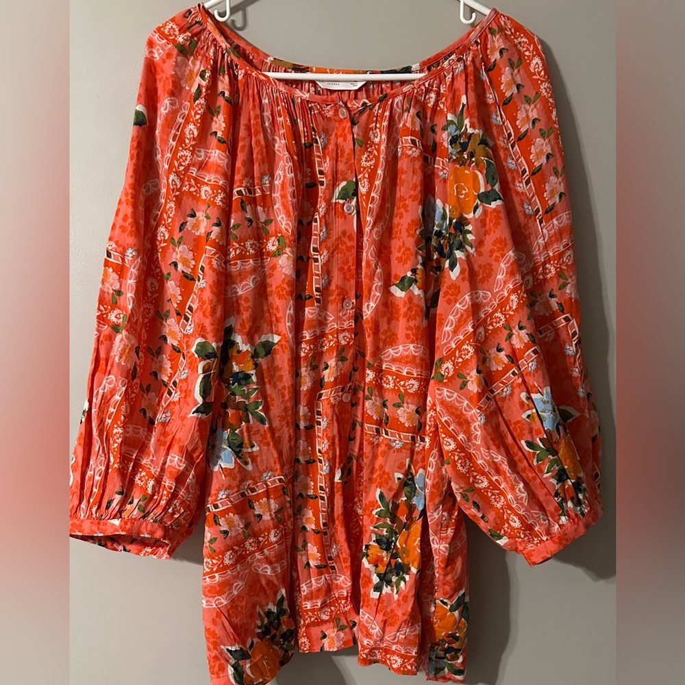 LC Lauren Conrad Coral-Orange Floral Peasant Top